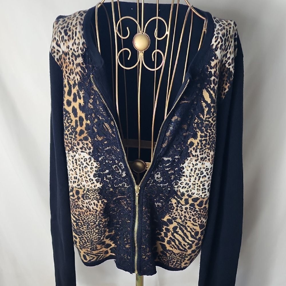 Leopard Cheetah L Print & Black Eyelash Fringe Lace Zippered Sweater Jacket
